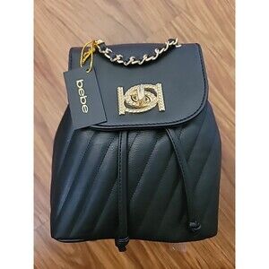 Bebe Hera Small Backpack Black w Gold  Faux Soft Leather NEW w Tags